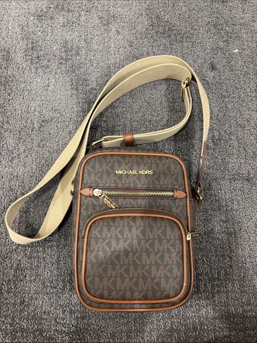 Michael Kors Brown MK Monogram Crossbody Belt Bag with Beige Strap